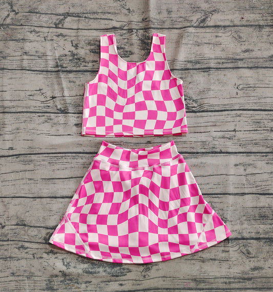 4.30 GSD2329 Baby Girls Sleeveless Pink Plaid Top Skort Yoga Set Preorder
