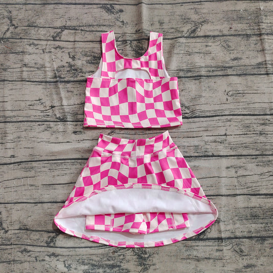 4.30 GSD2329 Baby Girls Sleeveless Pink Plaid Top Skort Yoga Set Preorder