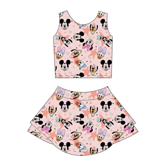 4.3 GSD2332 Baby Girls Sleeveless Cartoon Mouse Ducks Top Skort Yoga Set Pre order
