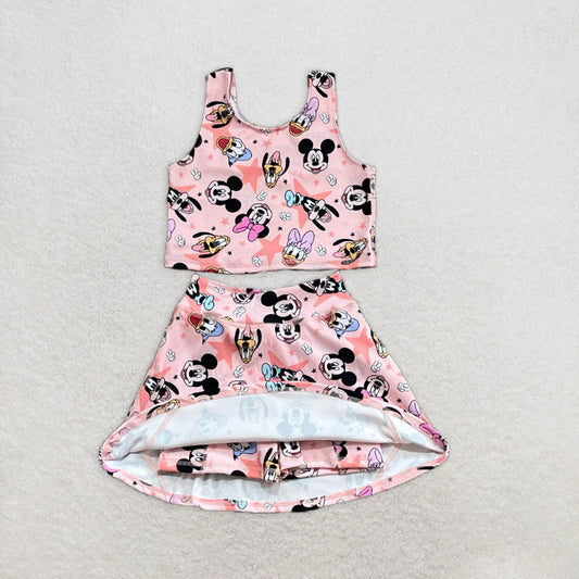 RTS NO MOQ Summer Sibling Baby Girls Mouse Ducks Top Skort Yoga Romper Sets