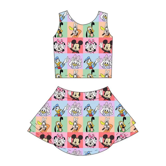 4.3 GSD2333 Baby Girls Sleeveless Cartoon Mouse Ducks Plaid Top Skort Yoga Set  Pre order