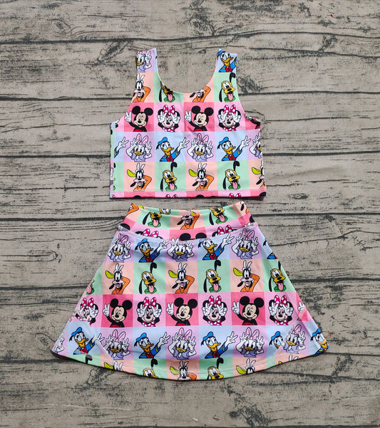 3.29 GSD2333 Baby Girls Sleeveless Cartoon Mouse Ducks Plaid Top Skort Yoga Set
