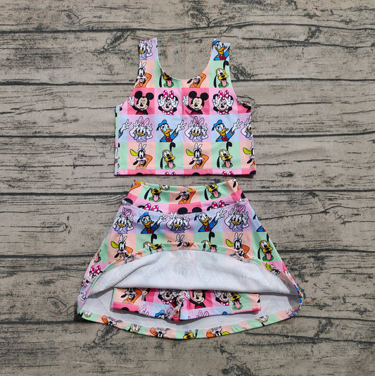 3.29 GSD2333 Baby Girls Sleeveless Cartoon Mouse Ducks Plaid Top Skort Yoga Set