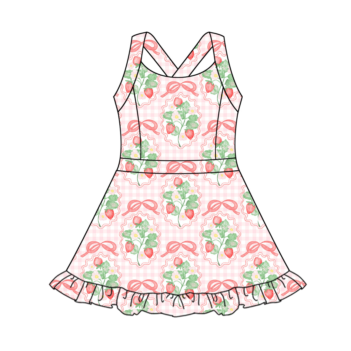 4.3 GSD2342 Baby Girls Strap Pink Plaid Strawberry Yoga Active Knee Length Dresses Pre order