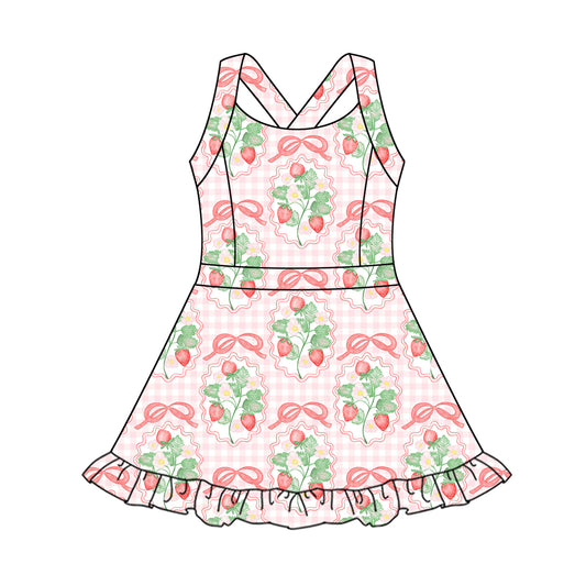 4.3 GSD2342 Baby Girls Strap Pink Plaid Strawberry Yoga Active Knee Length Dresses Pre order