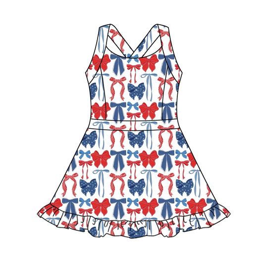 4.3 GSD2345 Baby Girls Strap Blue Red Bows 4th Of July Yoga Active Knee Length Dresses Pre order