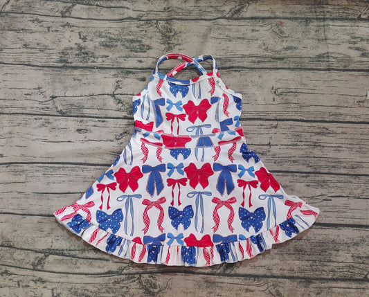 4.18 GSD2345 Baby Girls Strap Blue Red Bows 4th Of July Yoga Active Knee Length Dresses Pre order
