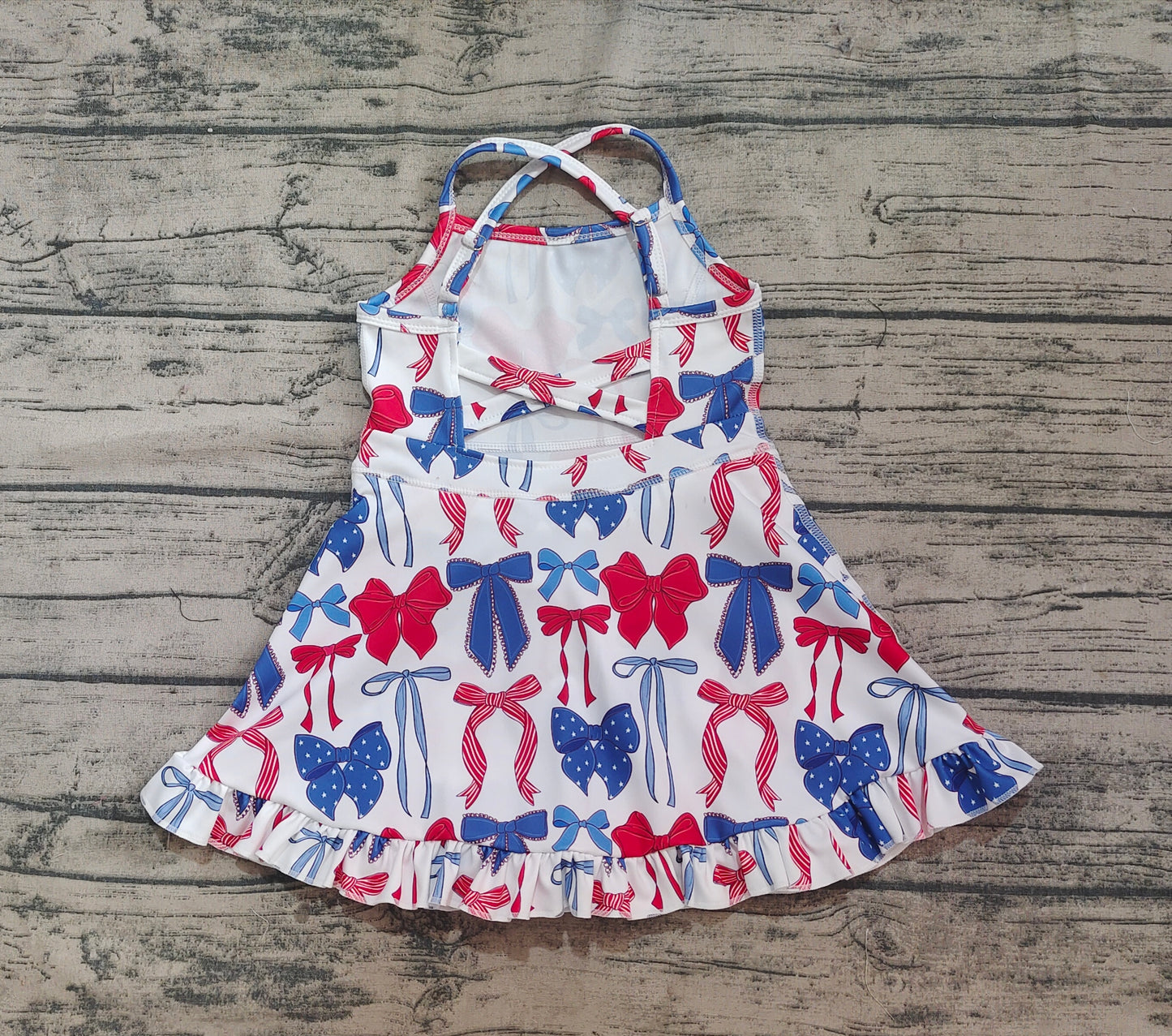 4.18 GSD2345 Baby Girls Strap Blue Red Bows 4th Of July Yoga Active Knee Length Dresses Pre order
