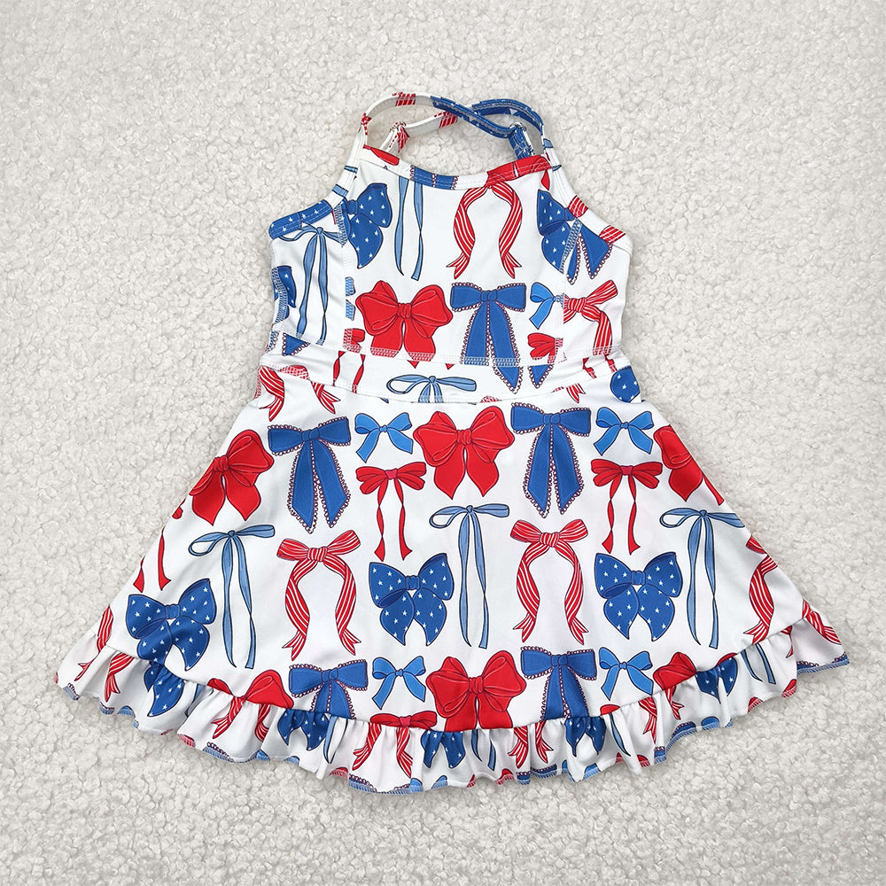 RTS NO MOQ Summer Baby Girls Dresses GSD2345 Strap Blue Red Bows 4th Of July Yoga Active Knee Length Dresses