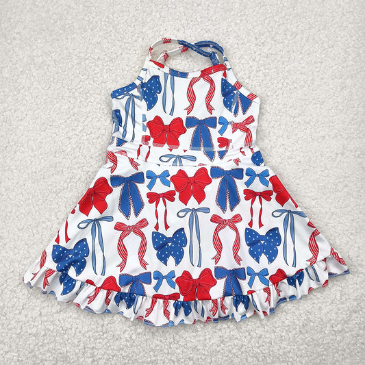 RTS NO MOQ Summer Baby Girls Dresses GSD2345 Strap Blue Red Bows 4th Of July Yoga Active Knee Length Dresses