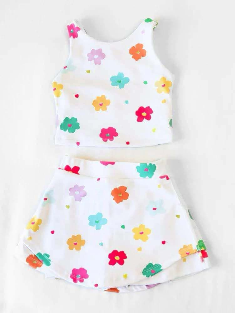 4.3 GSD2347 Baby Girls Sleeveless Colorful Flowers Top Skort Yoga Set Pre order