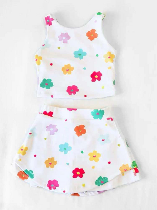 4.3 GSD2347 Baby Girls Sleeveless Colorful Flowers Top Skort Yoga Set Pre order