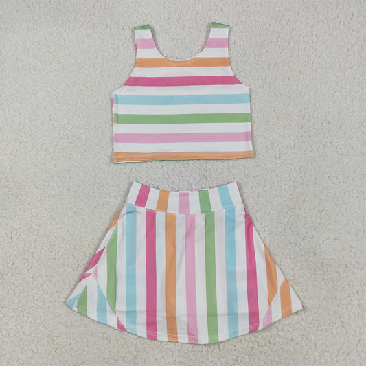 5.13 RTS NO MOQ Baby Girls Summer Kids Sets GSD2348 Sleeveless Colorful Stripes Top Skort Yoga Active Sets