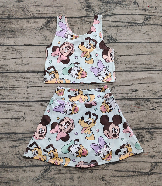 3.29 GSD2353  Baby Girls Sleeveless Cartoon Plaid Top Skort Yoga Set