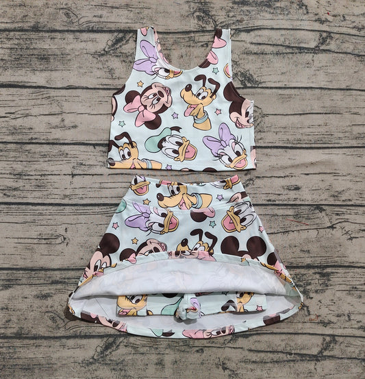 3.29 GSD2353  Baby Girls Sleeveless Cartoon Plaid Top Skort Yoga Set