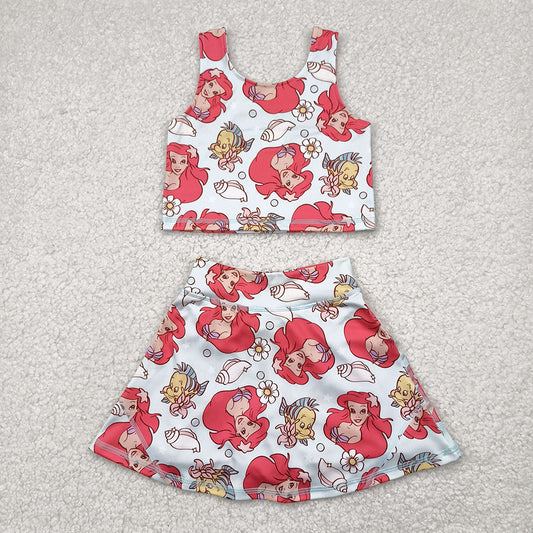RTS NO MOQ Baby Girls Summer Kids Sets GSD2354 Sleeveless Mermaid Fishes Top Skort Yoga Sets