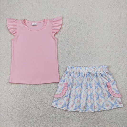 RTS NO MOQ Baby Girls Summer Sets GSD2360 Pink Flutter Sleeves Top Floral Bows Pockets Skirts Sets