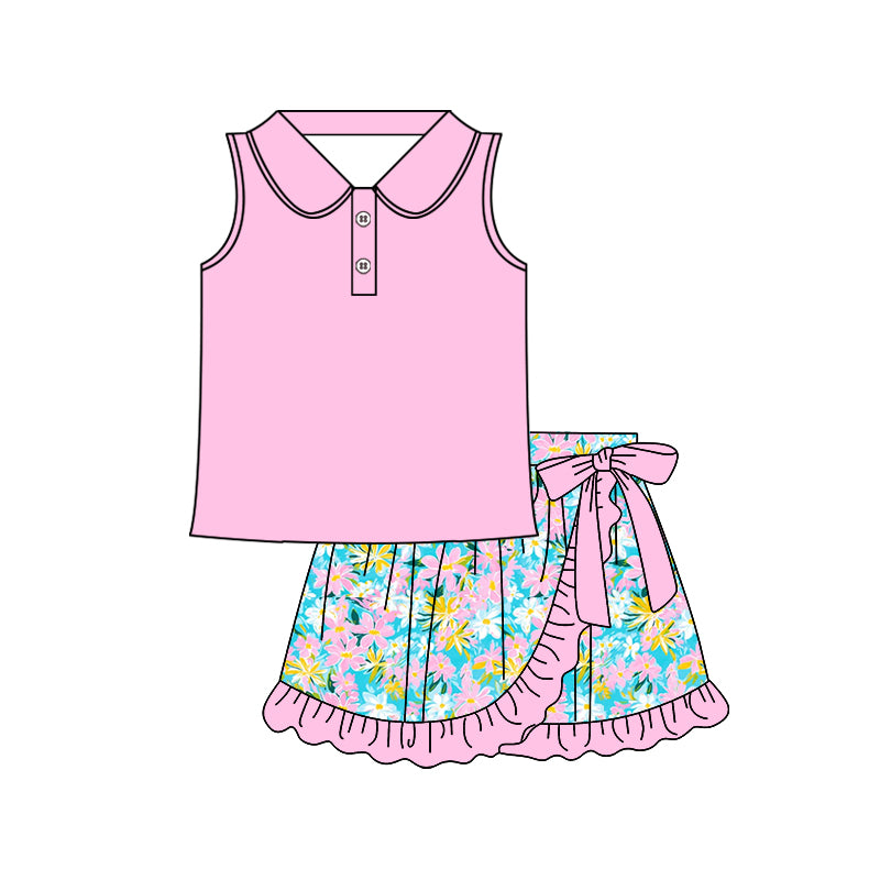 4.7 GSD2362 Baby Girls Pink Sleeveless Button Top Floral Ruffle Skirts Sets Pre order
