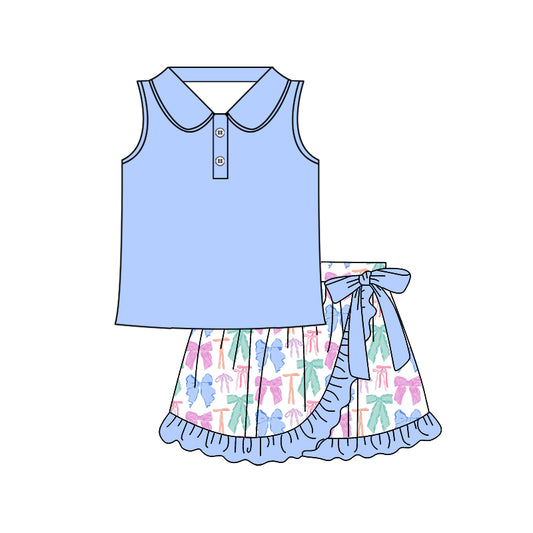 4.7 GSD2363 Baby Girls Blue Sleeveless Button Top Colorful Bows Ruffle Skirts Sets Pre order