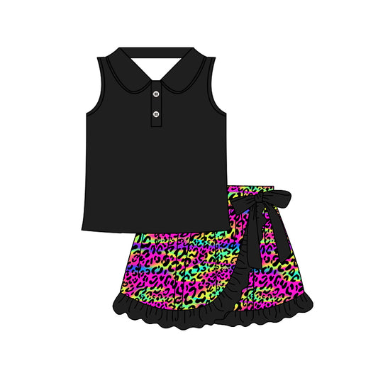4.7 GSD2364 Baby Girls Black Sleeveless Button Top Colorful Leopard Ruffle Skirts Sets Pre order