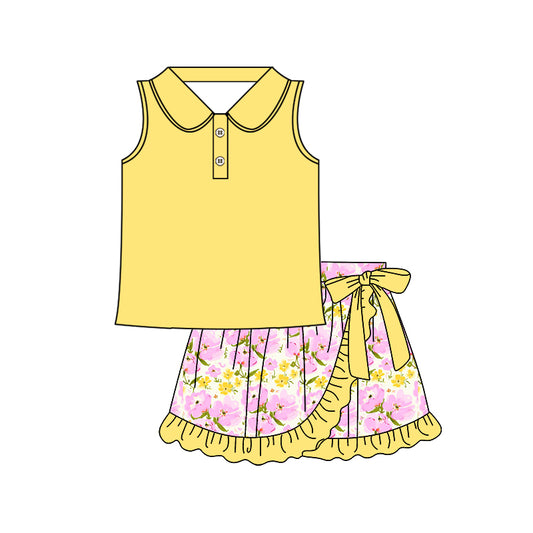 4.7 GSD2365 Baby Girls Yellow Sleeveless Button Top Floral Ruffle Skirts Sets Pre order