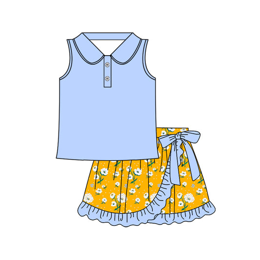 4.7 GSD2366 Baby Girls Blue Sleeveless Button Top Floral Ruffle Skirts Sets Pre order