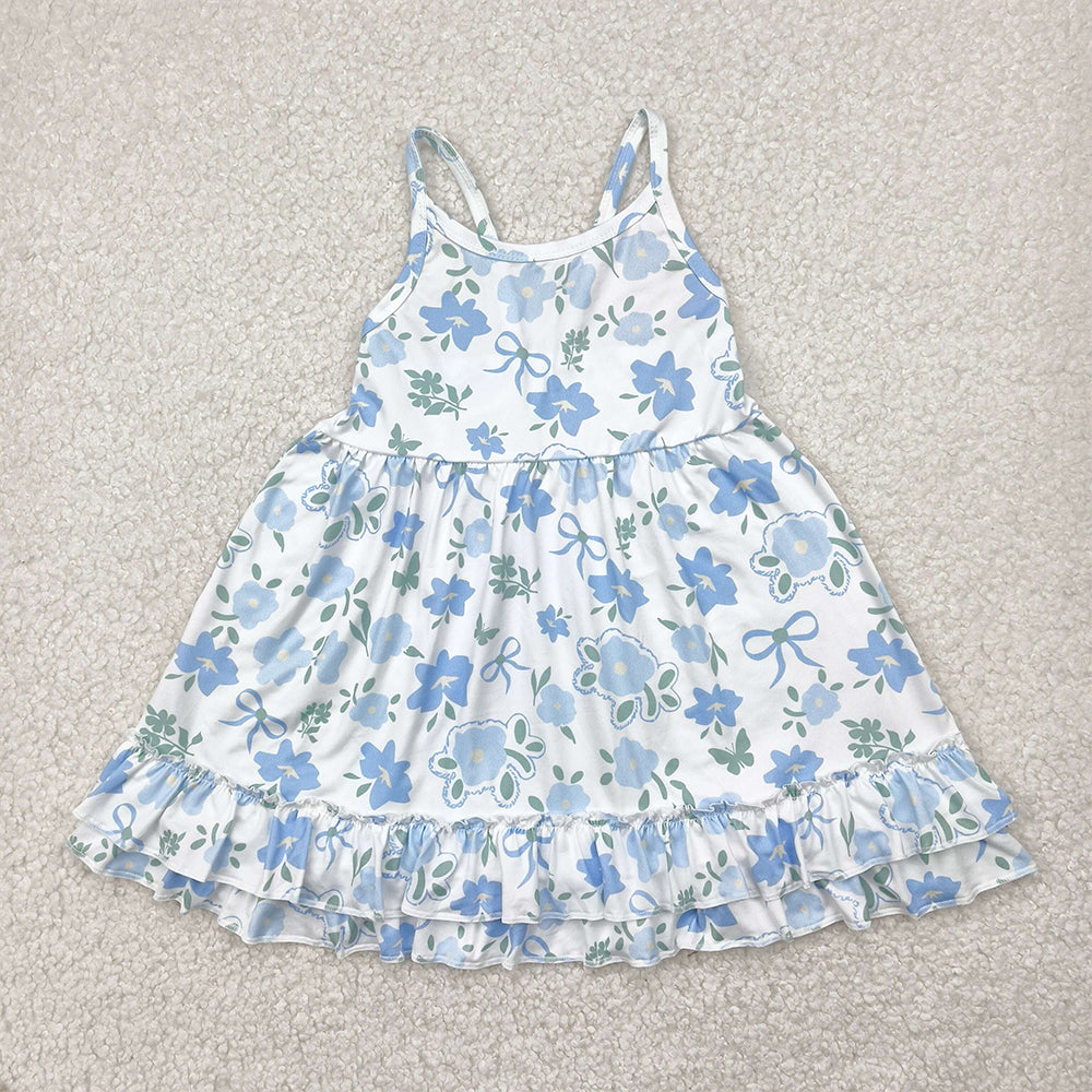 RTS NO MOQ Summer Baby Girls Dresses GSD2377 Blue Strap Floral Knee Length Dresses
