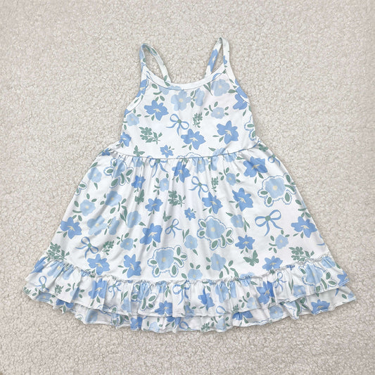 RTS NO MOQ Summer Baby Girls Dresses GSD2377 Blue Strap Floral Knee Length Dresses
