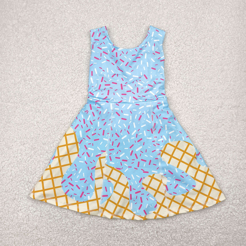 RTS NO MOQ Summer Baby Girls Dresses GSD2380 Blue Ice-cream Drip Sleeveless Yoga Skort Knee Length Dresses