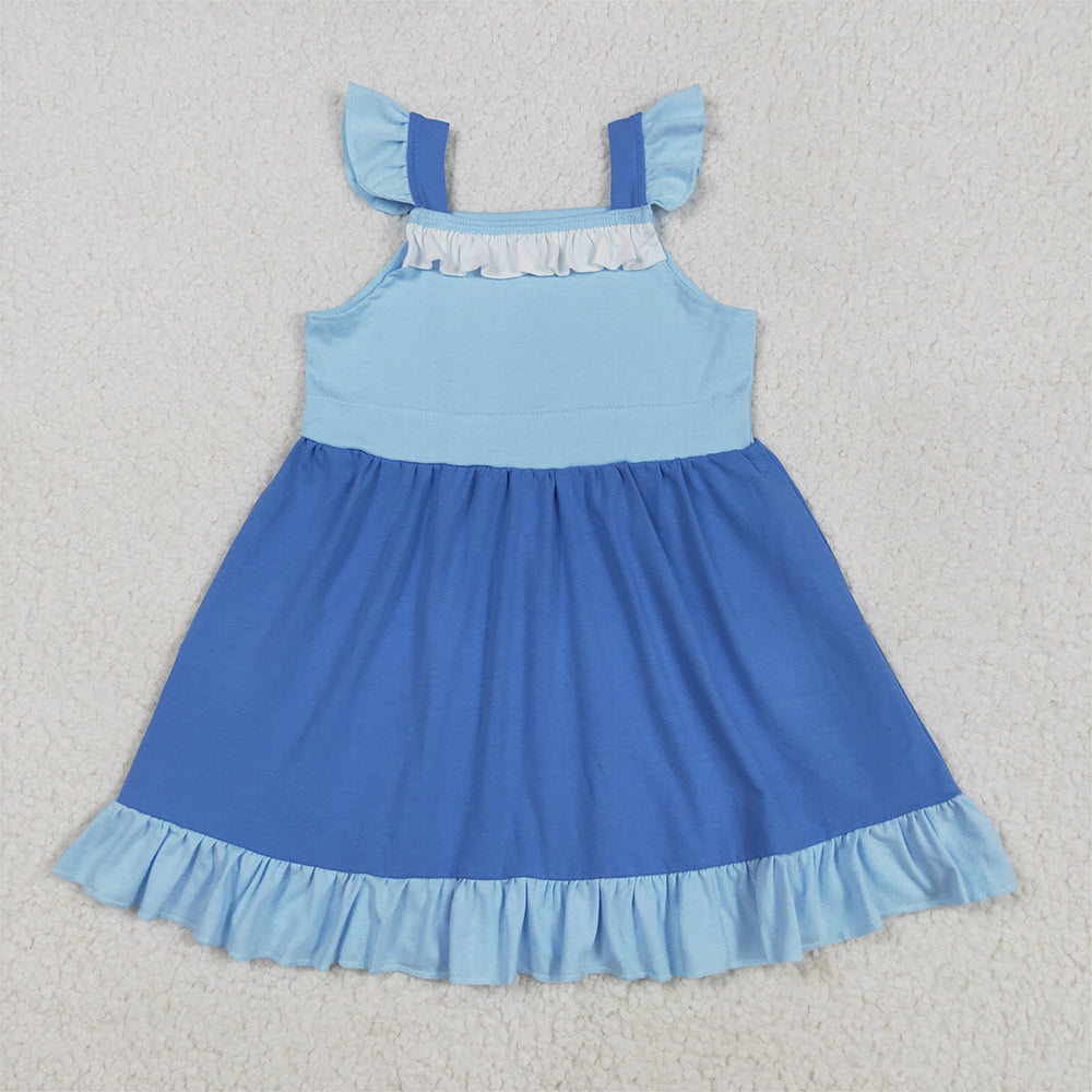RTS NO MOQ Summer Baby Girls Dresses GSD2393 Blue Flutter Sleeves Patchwork Knee Length Dresses