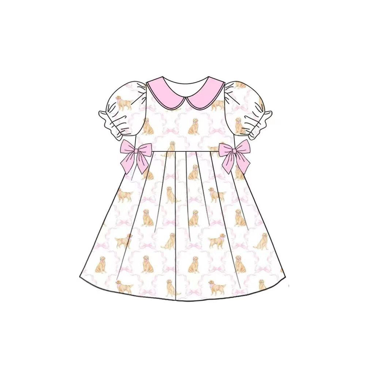 3.28 GSD2396 Baby Girls Short Ruffle Sleeves Dogs Bows Plaid Knee Length Dress Pre order