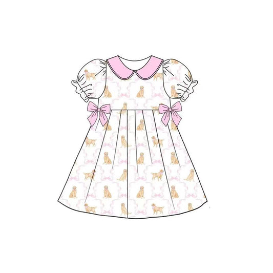 3.28 GSD2396 Baby Girls Short Ruffle Sleeves Dogs Bows Plaid Knee Length Dress Pre order