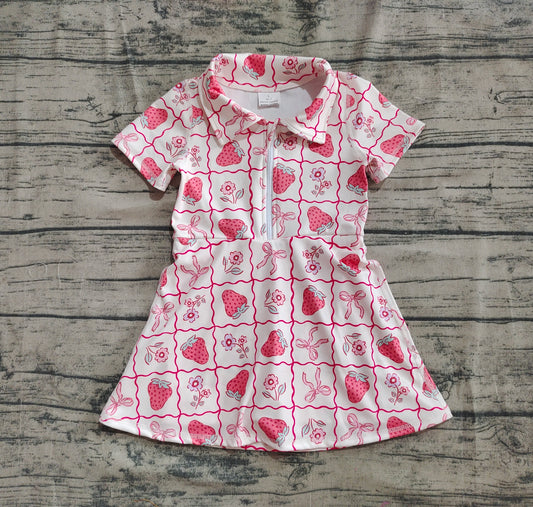 4.30 GSD2407 Baby Girls Short Sleeves Bows Strawberry Zipper Knee Length Dresses Preorder