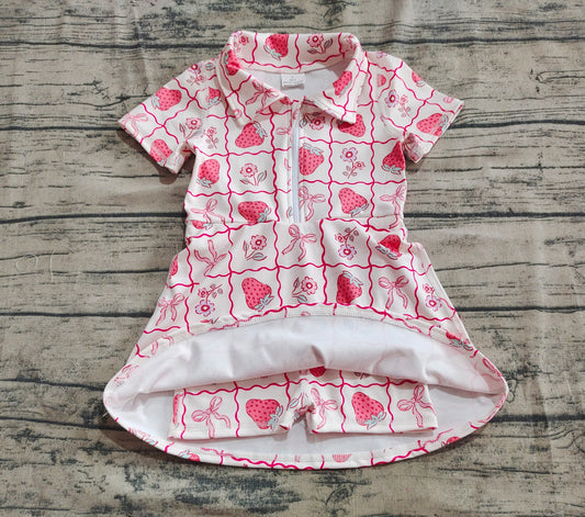 4.30 GSD2407 Baby Girls Short Sleeves Bows Strawberry Zipper Knee Length Dresses Preorder