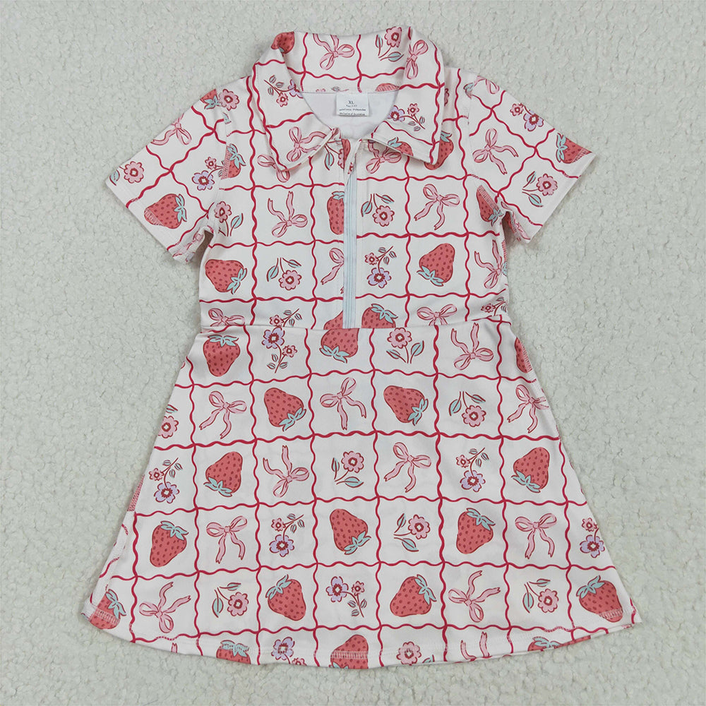 RTS NO MOQ Summer Baby Girls Dresses GSD2407 Short Sleeves Bows Strawberry Zipper Knee Length Dresses