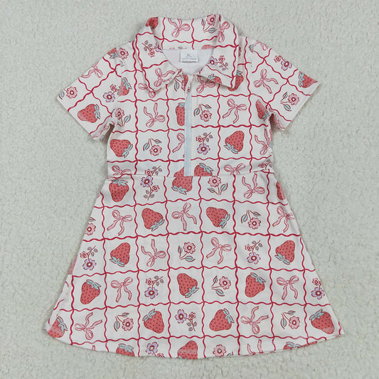 RTS NO MOQ Summer Baby Girls Dresses GSD2407 Short Sleeves Bows Strawberry Zipper Knee Length Dresses