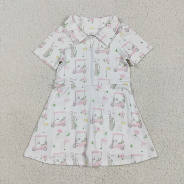 RTS NO MOQ Summer Sibling Baby Girls Short Sleeves Flowers Golf Zipper Knee Length Dresses