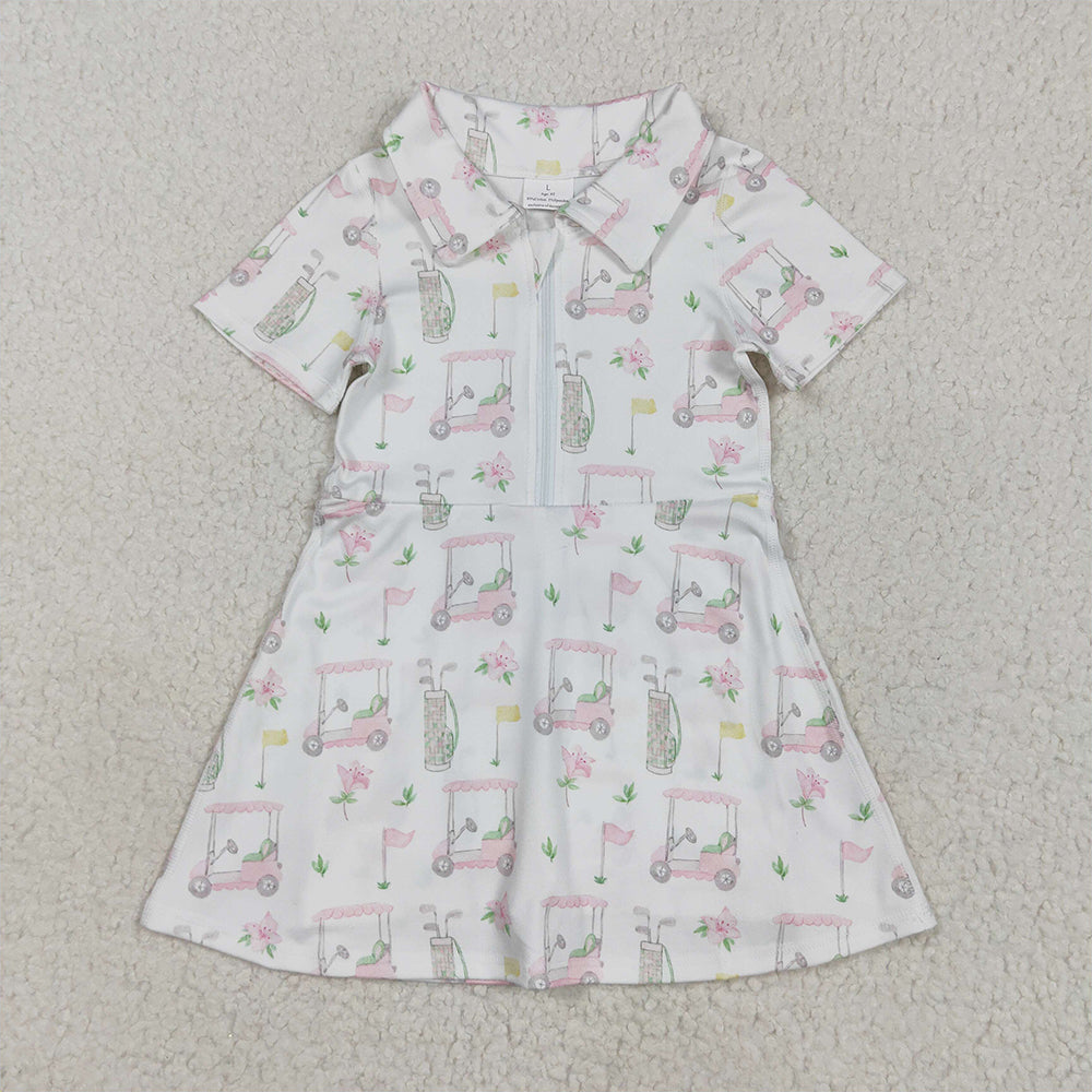 RTS NO MOQ Summer Baby Girls Dresses GSD2410 Short Sleeves Pink Flowers Golf Zipper Knee Length Dresses