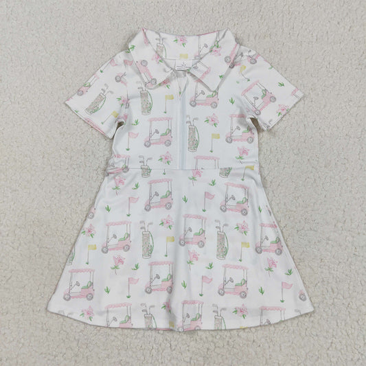 RTS NO MOQ Summer Baby Girls Dresses GSD2410 Short Sleeves Pink Flowers Golf Zipper Knee Length Dresses