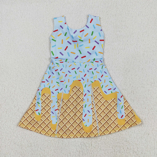 5.14 RTS NO MOQ Summer Baby Girls Dresses GSD2415 Blue Ice-cream Drip Yoga Skort Knee Length Dresses