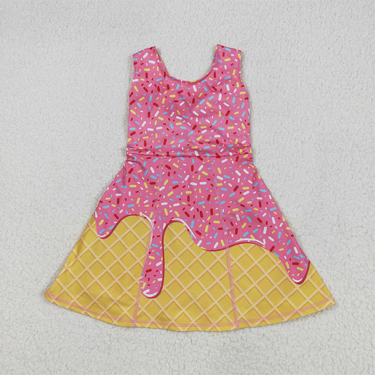6.5 RTS NO MOQ Summer Baby Girls Dresses GSD2417 Pink Ice-cream Drip Yoga Skort Knee Length Dresses