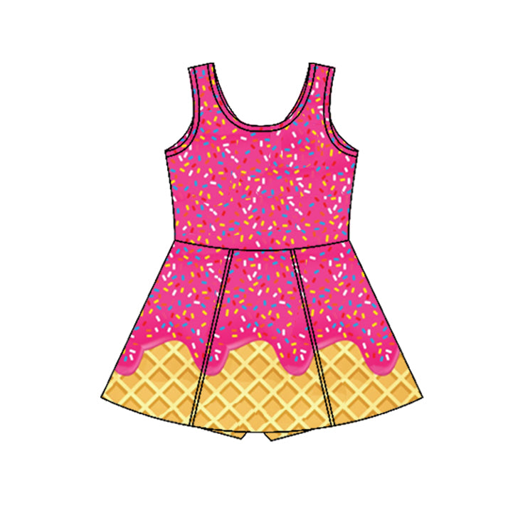 3.29 GSD2424  Baby Girls Dark Pink Ice-cream Drip Yoga Skort Knee Length Dresses Pre order