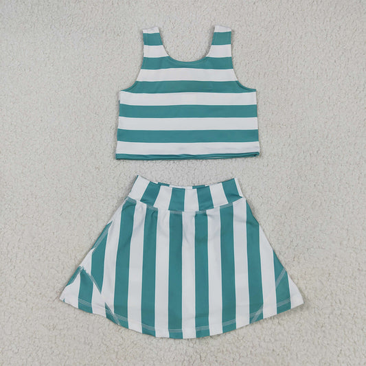 RTS NO MOQ Baby Girls Summer Kids Sets GSD2432 Sleeveless Green Stripe Top Skort Yoga Sets