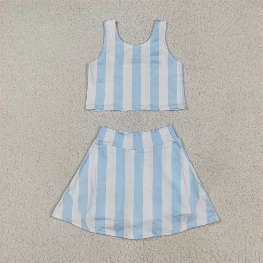 RTS NO MOQ Baby Girls Summer Kids Sets GSD2433 Blue Stripes Athletic Active Wear Top Shorts Skirts Outfits