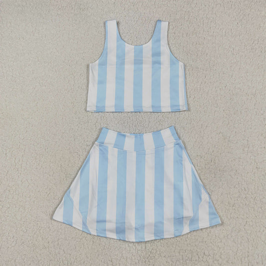 RTS NO MOQ Baby Girls Summer Kids Sets GSD2433 Blue Stripes Athletic Active Wear Top Shorts Skirts Outfits