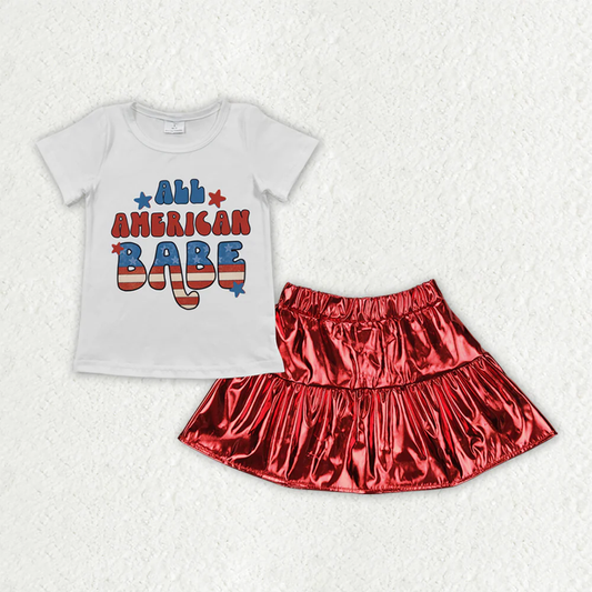 RTS NO MOQ Summer Sibling Baby Girls American Babe Shirt Red Leather Metallic Skirts Clothes Sets