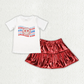RTS NO MOQ Summer Sibling Baby Girls American Babe Shirt Red Leather Metallic Skirts Clothes Sets