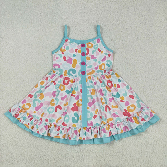 6.2 RTS NO MOQ Summer Baby Girls Dresses GSD2452 Blue Strap Colorful Leopard Button Knee Length Dresses