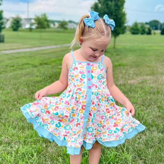 4.4 GSD2452 Baby Girls Blue Strap Colorful Leopard Button Knee Length Dresses Pre order