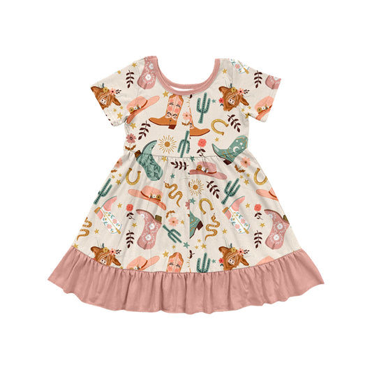 4.4 GSD2453 Baby Girls Peach Short Sleeves Highland Cows Boots Knee Length Dresses Pre order